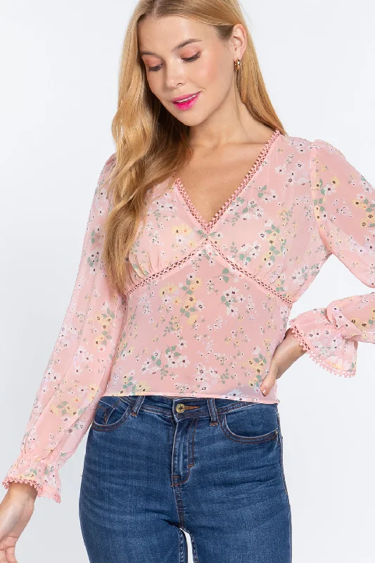 Ruffle Slv Floral Print Chiffon Top Style Your Wardrobe