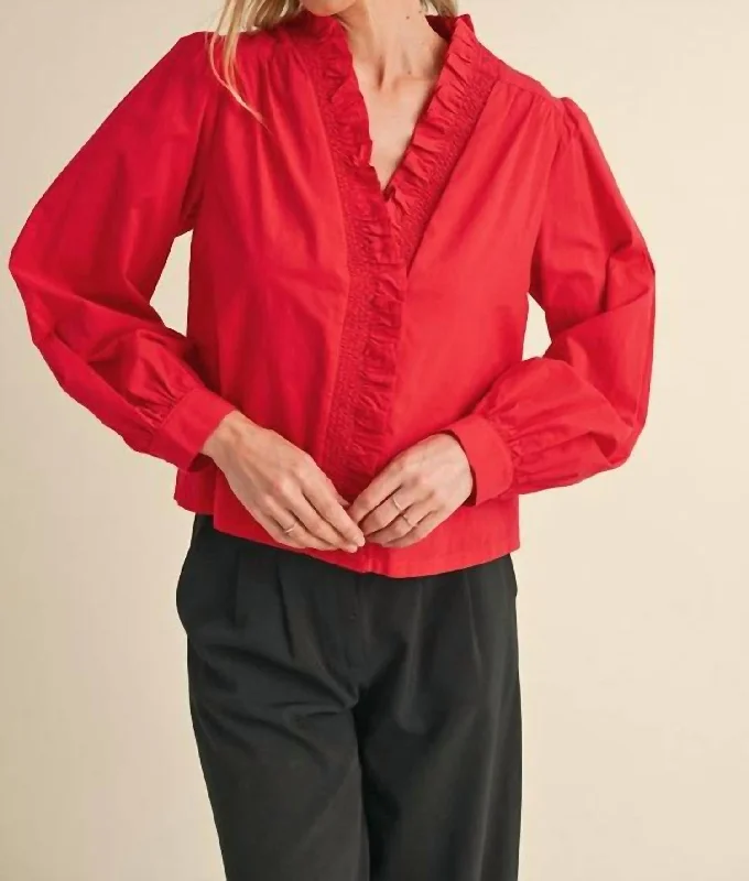 Ruffle Trim Top In Red Modern Glamour