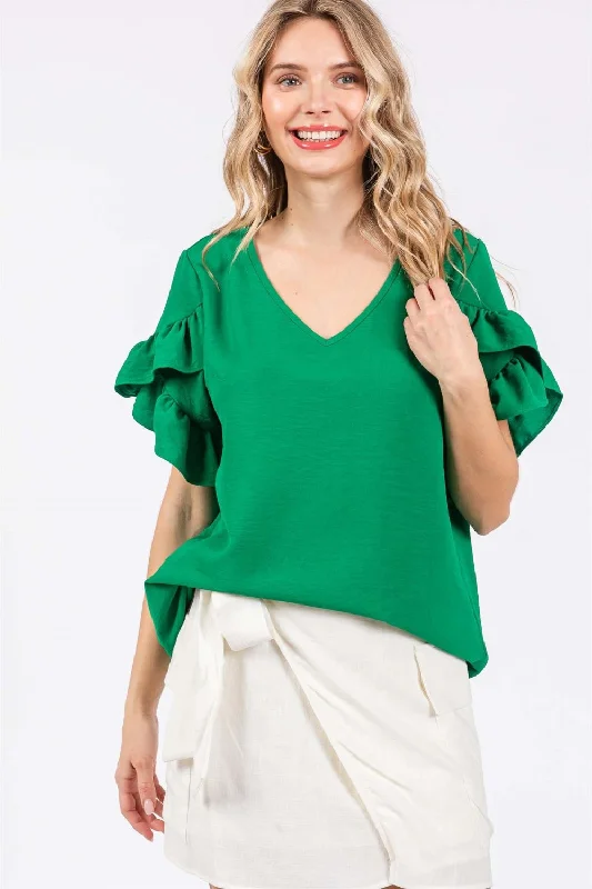 Ruffled Short Sleeve V-Neck Blouse Feminine Soft - Hued Look