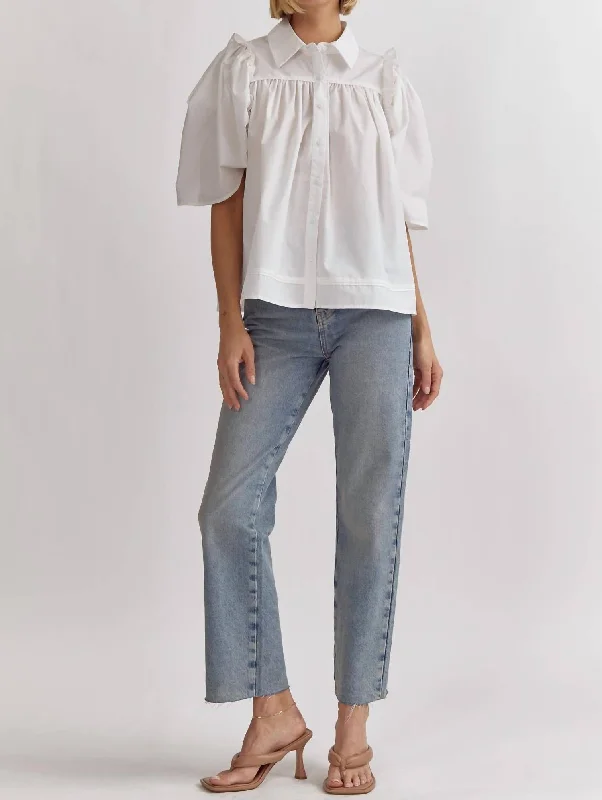 Ruffled Sleeve Button Up Top In White Unbeatable Deals