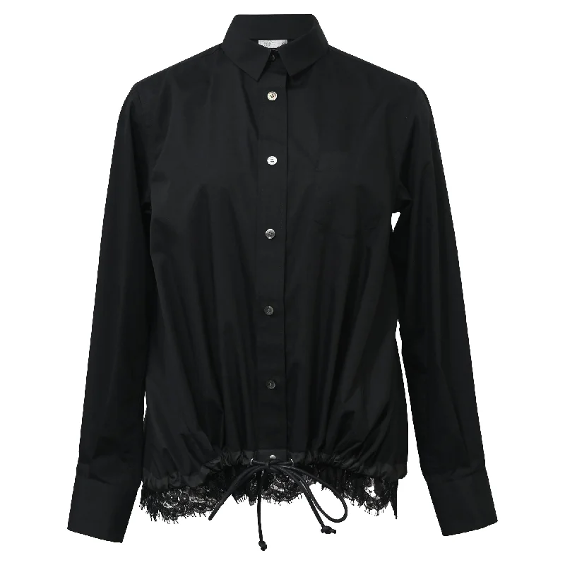 Sacai Long-Sleeved Buttoned with Lace Trim and Drawstring Shirt in Black Polyester Fashion Forward