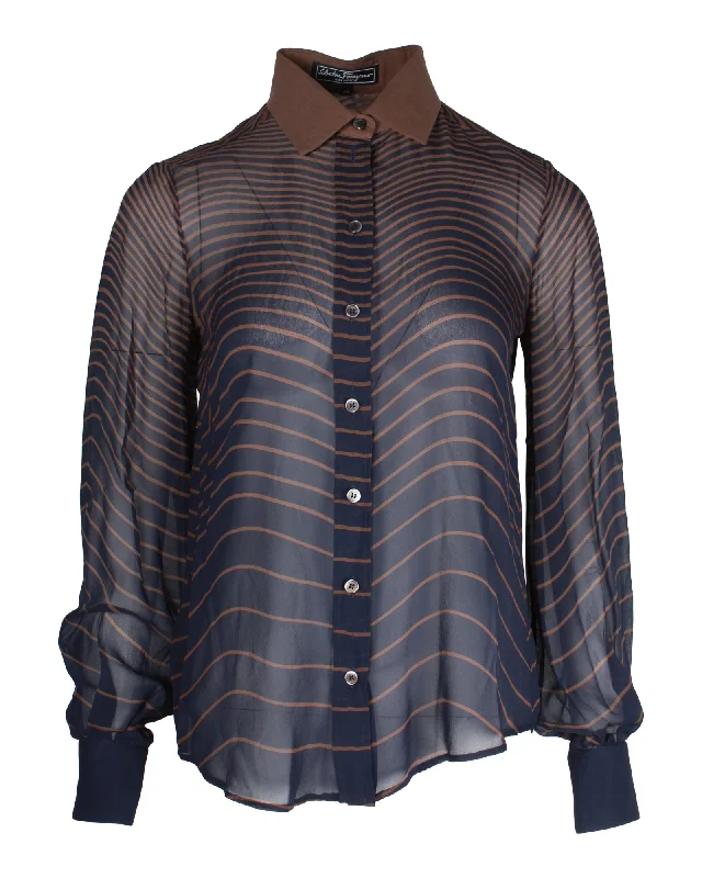 Salvatore Ferragamo Striped Buttoned Blouse in Brown and Blue Silk Comfortable Clothes