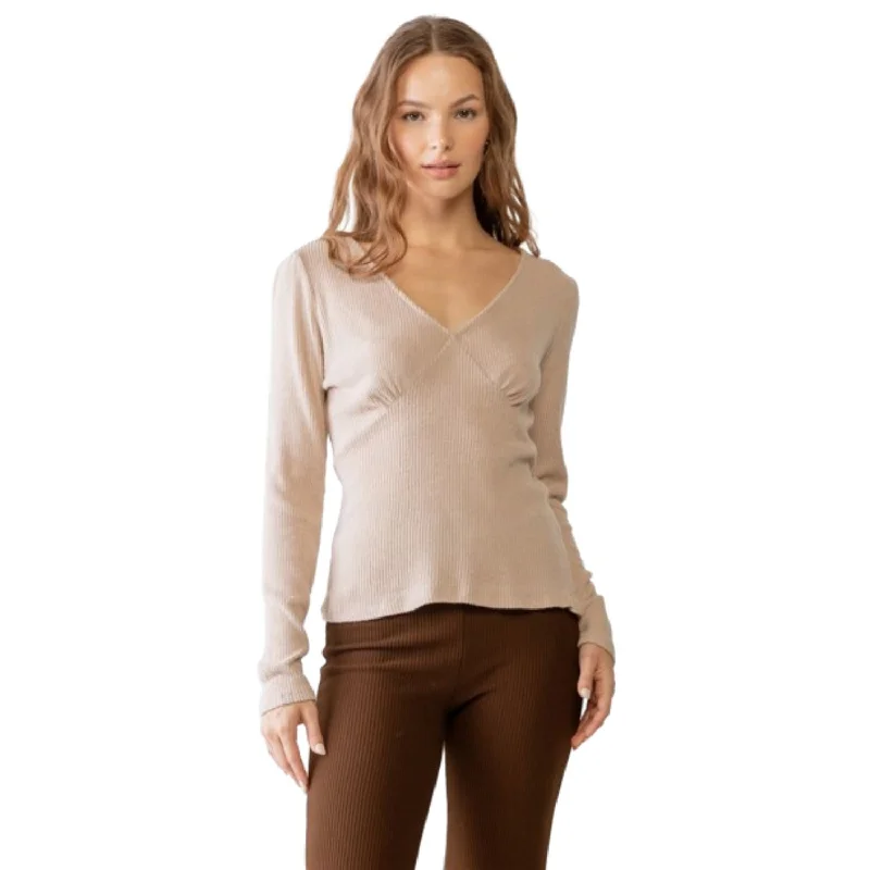 Sand Ribbed V-neck Long Sleeve Soft To Touch Top Hot Sale