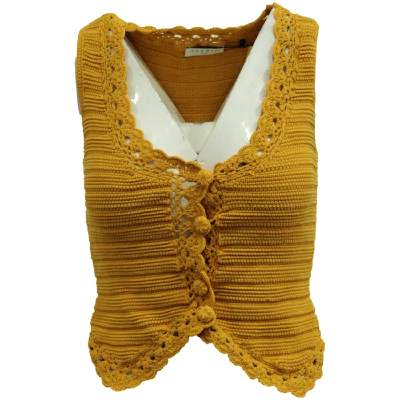 Sandro Crochet-Knit Vest Top in Yellow Polyester Viscose Holiday Glam