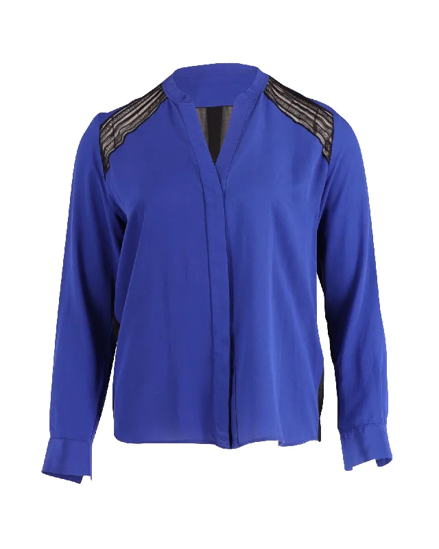 Sandro Lace Detail Blouse in Blue Polyester Forward Trendsetter