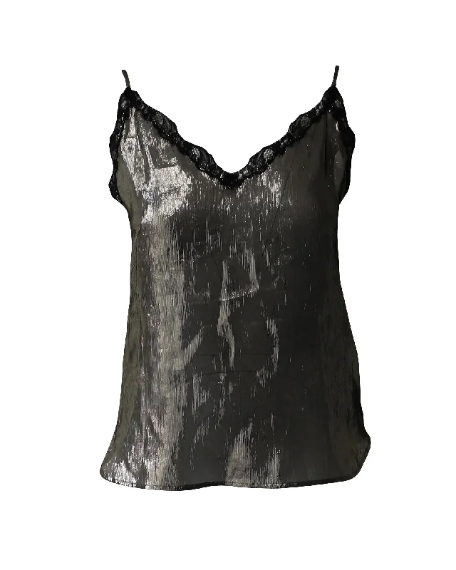 Sandro Lace-Trimmed Tank Top in Metallic Silver Silk New Styles Just In