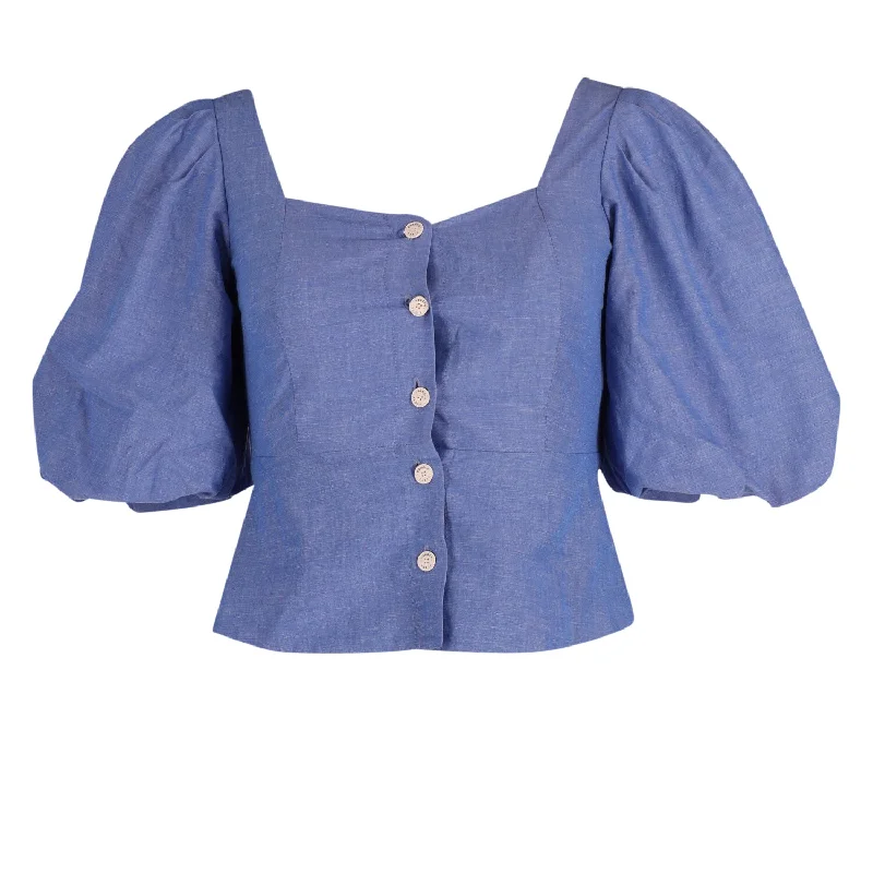 Sandro Mayan Puffed Sleeve Shirred Top in Blue Cotton Stupidly Low Prices