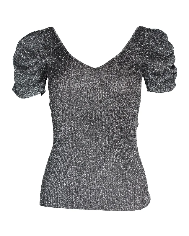 Sandro Metallic Puffed-Sleeved Stretch-Knit Top In Silver Polyester Seasonal Clearance