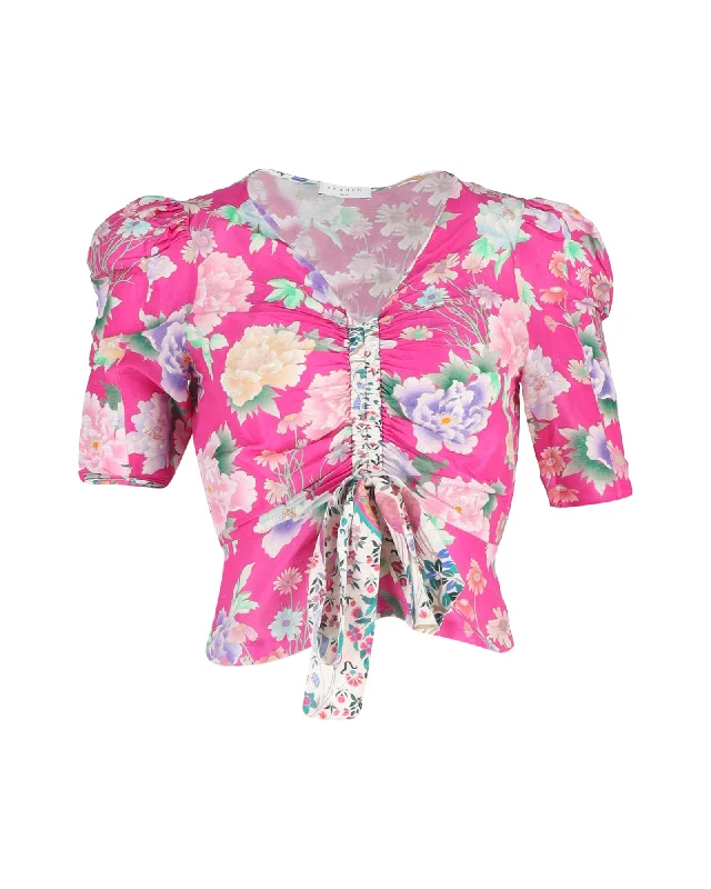 Sandro Paris Becky Floral Print Puff-sleeve Top In Pink Linen Chic Styles