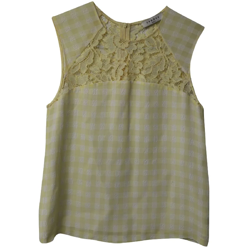 Sandro Paris Checkered and Lace Sleeveless Top in Yellow Cotton Elegant Contour