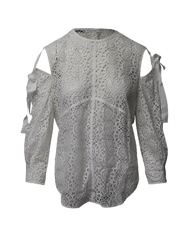 Sandro Paris Cutout Shoulder Lace Blouse in White Cotton Flash Sale, Don't Miss