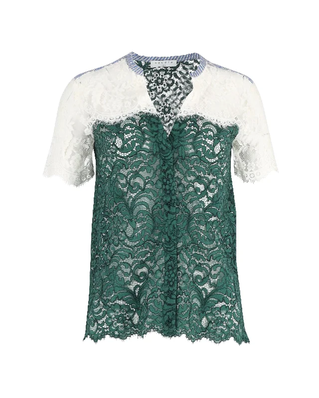 Sandro Paris Lace V-neck Buttoned Blouse in Green and White Polyester Feminine Flow