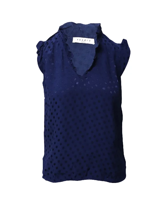 Sandro Paris Poppy Sleeveless Top in Blue Print Silk Trendy Fashion For Women