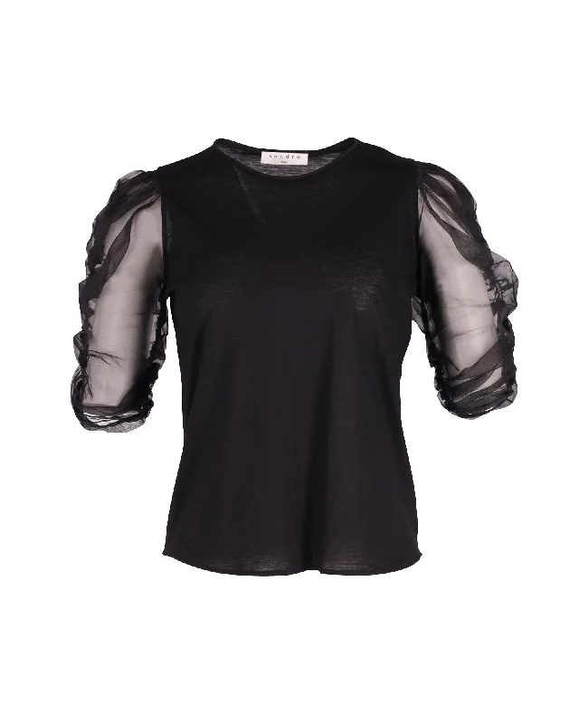 Sandro Paris Sheer Sleeved Blouse in Black Lyocell Trendy New Clothes