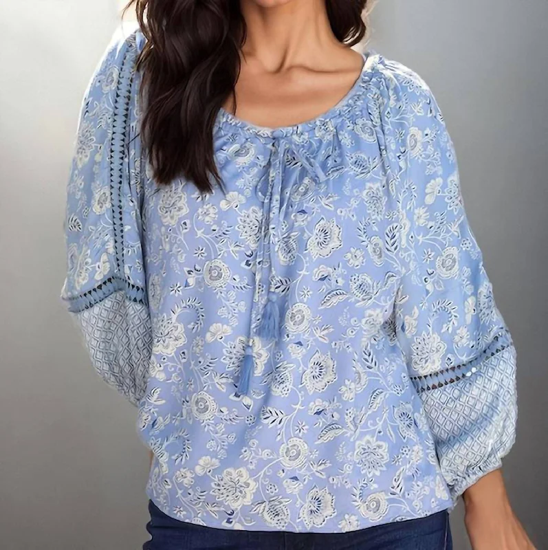 Santorini Floral Blouse In Blue Multi Season Transition Versatile Wear Clearance