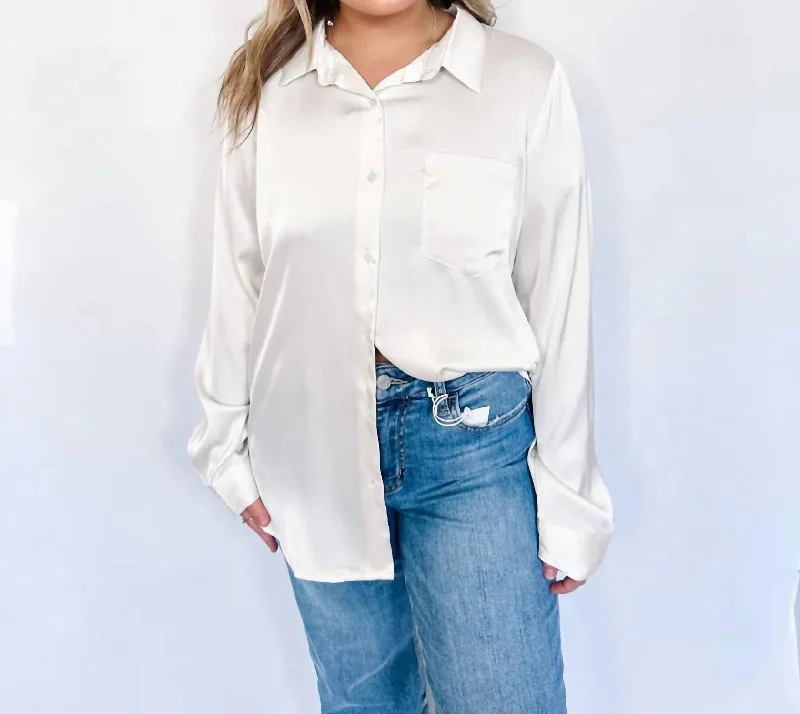 Satin Button Up Top In Ivory Huge Markdowns