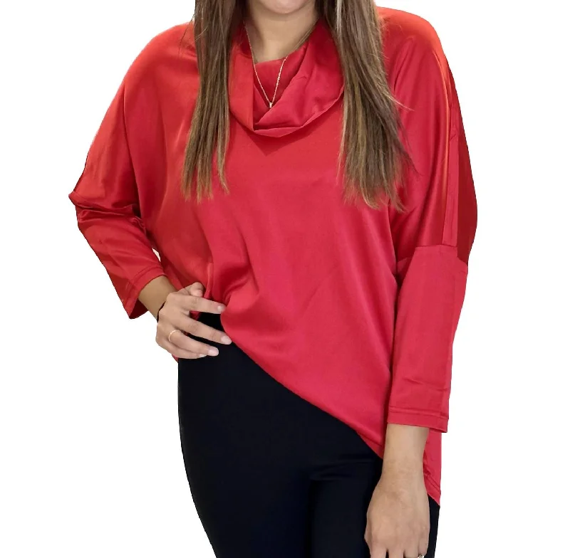 Satin Cowled Top In Red Timeless Elegant