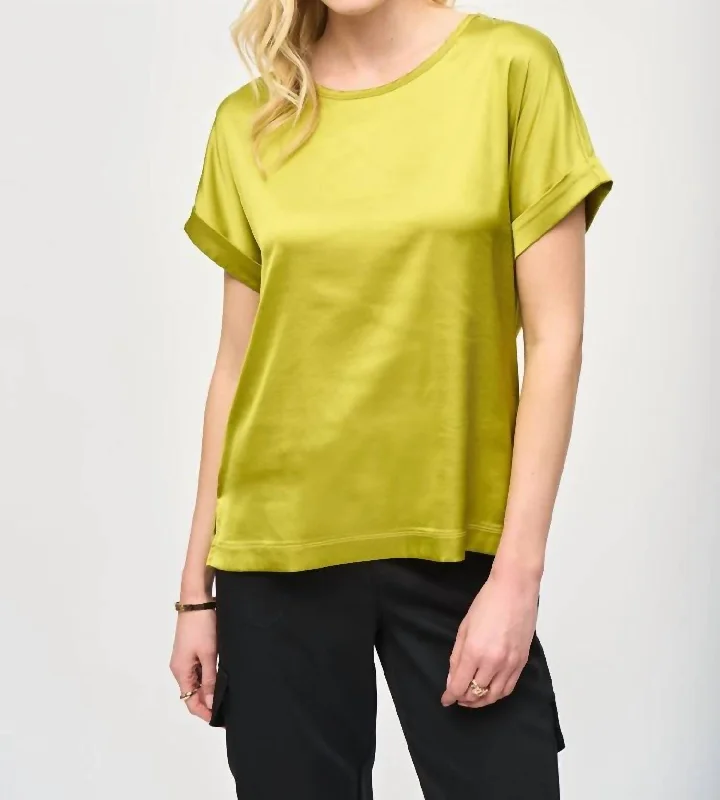 Satin Front Short Sleeve Top In Wasabi Versatile Wardrobe Essentials