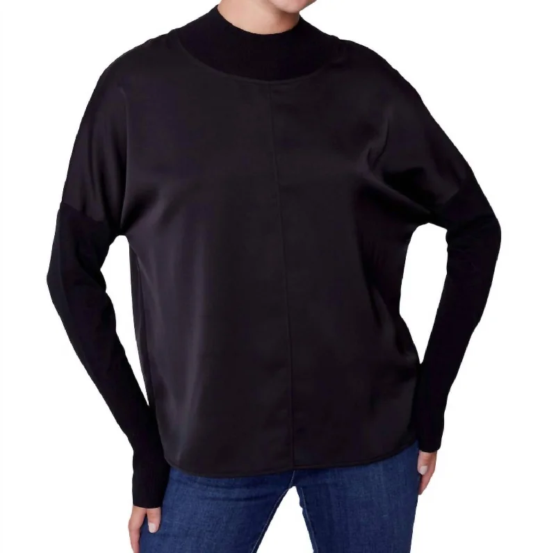 Satin Knit Top With Mock Neck In Black Floral Style