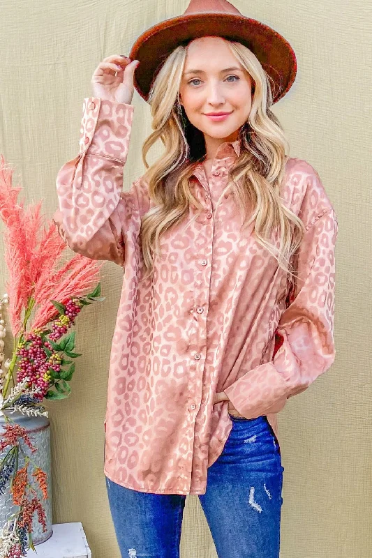 Satin Leopard Button Up Curved Hem Shirt Fashion Forward Outfits