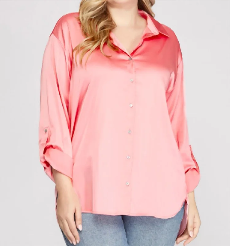 Satin Long Sleeve Top In Pink Seasonal Sale