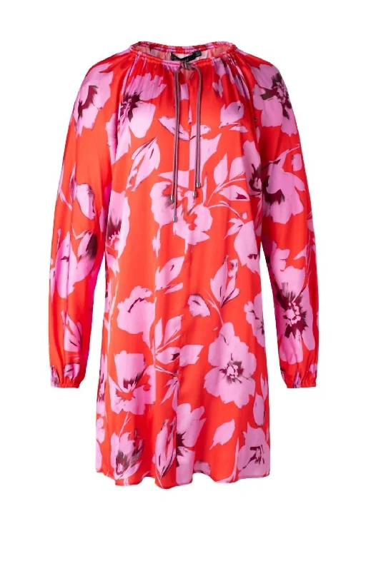 Satin Long Sleeve Tunic Dress In Pink Floral Clearance Sale, All Cheap