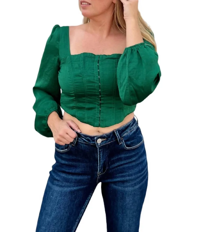 Satin Square Neck Hook And Eye Crop Top In Emerald Modern Romance