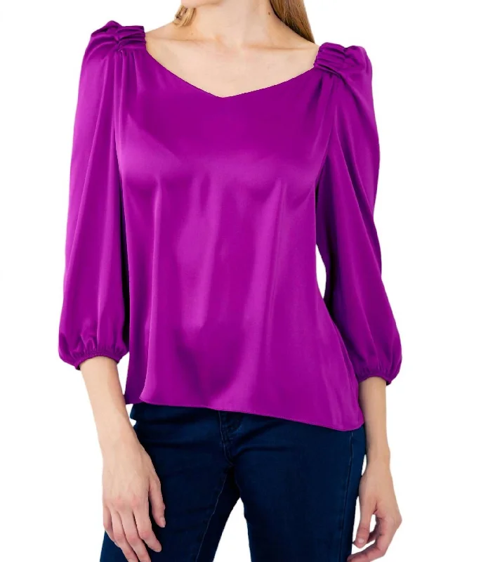 Satin Straight Top With Puff Sleeves In Empress Big Savings