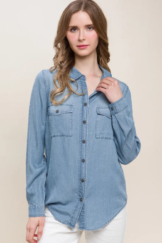 Scooped Hem Button Up Denim Shirt Statement Piece