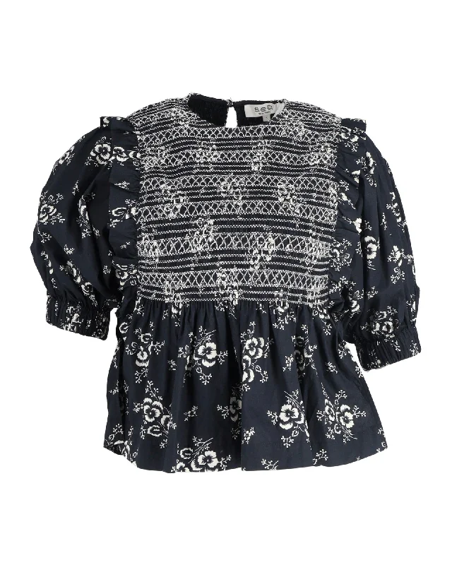 Sea New York Alessia Print Smocked Floral Print Top in Black Cotton Beat The Heat In Tropical Styles