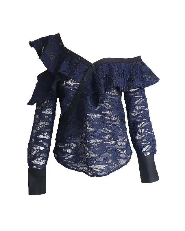 Self-Portrait Asymmetric Ruffled Top in Navy Blue Polyester Flash Sale