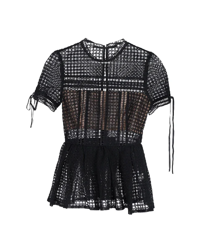 Self-Portrait Guipure Lace Peplum Top in Black Cotton Boho - Chic Festival - Ready Style