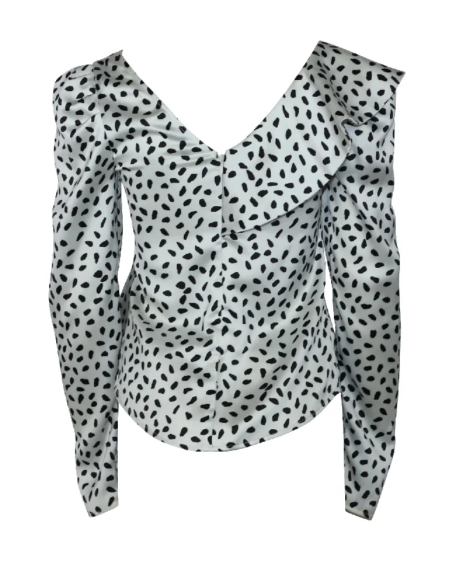 Self- portrait Polka-dot Ruffled Satin Top in White Polyester Trendy Street Style