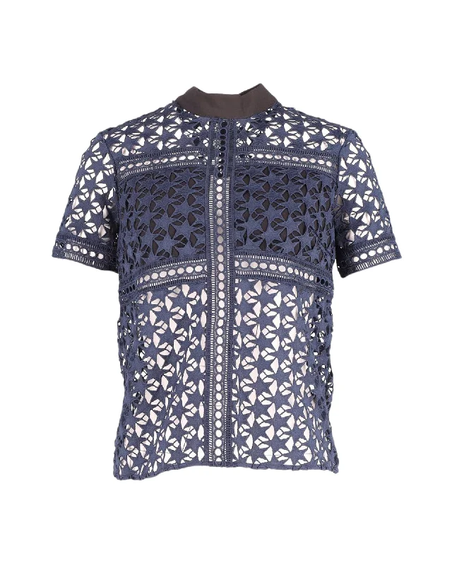 Self-Portrait Star Pattern Sheer Top in Navy Blue Polyester Urban Femme Streetwear