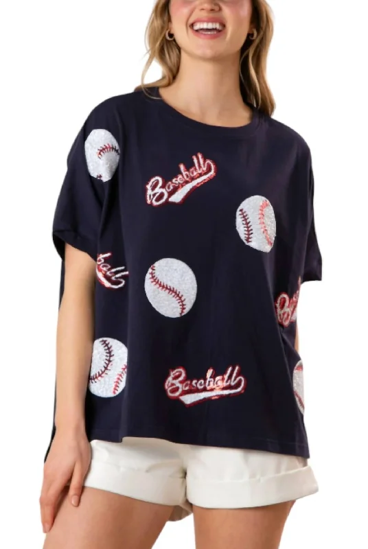 Sequin Baseball Oversized Top In Navy Celebrate With Big Savings