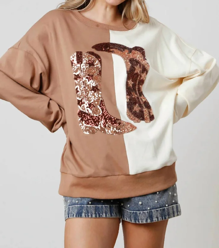 Sequin Boot Block Top In Brown/ivory Hot Sale