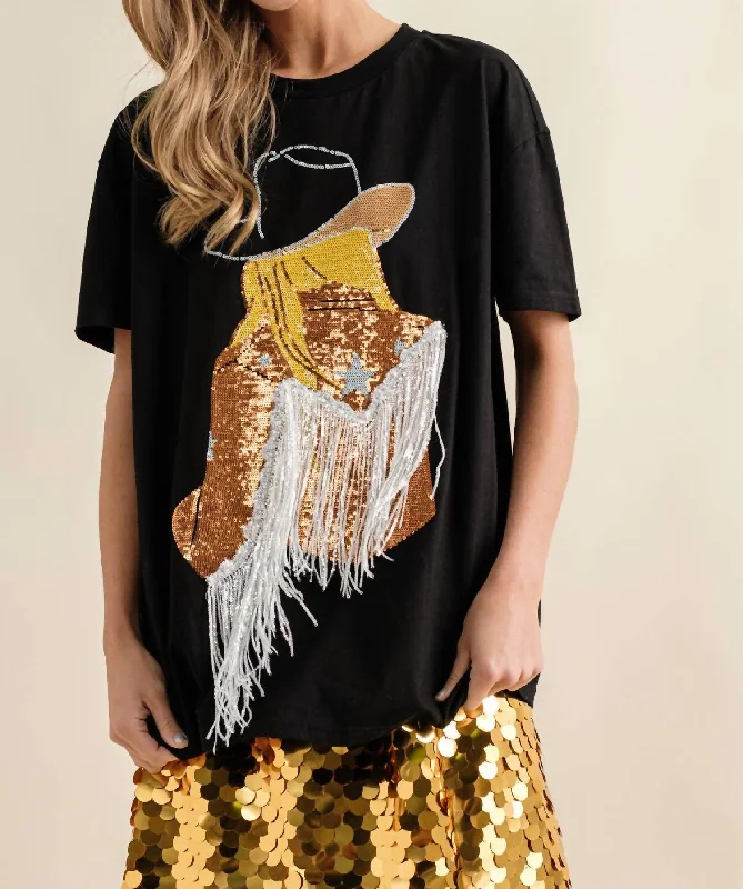 Sequin Cow Girl Graphic Tee In Black Gold End Of Month Blowout