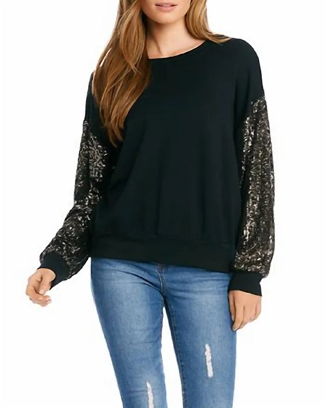 Sequin Sleeve Top In Black Athleisure Wear Promotion