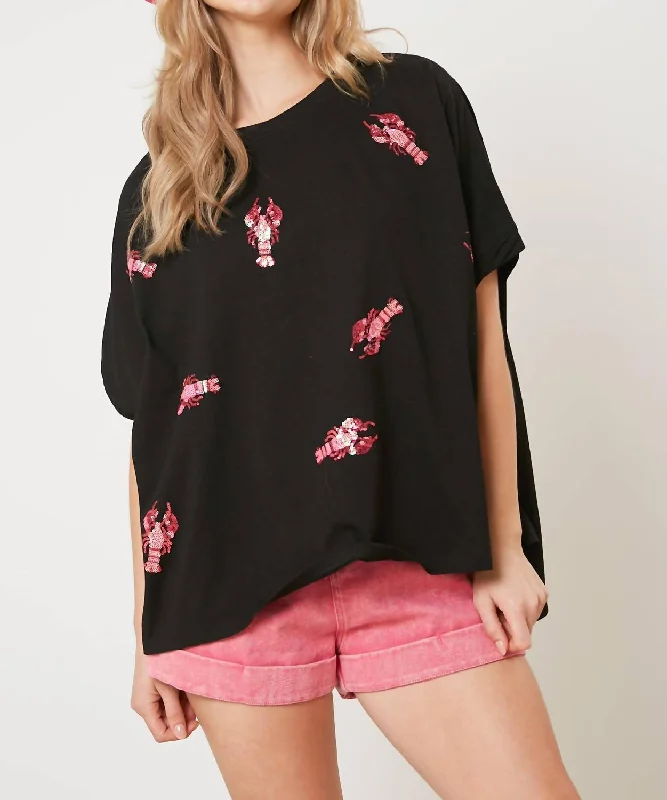 Sequined Crawfish Short Sleeve Top In Black Stylish Savings