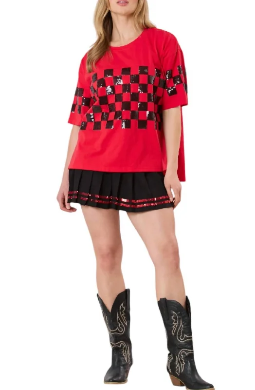 Sequins Checker Short Sleeve Top In Black&red Romantic Flair