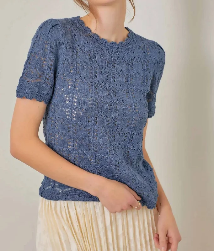 Sequoia Crochet Sweater In Dusty Blue Graceful Drape