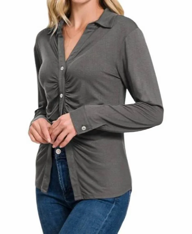 Shelly Button Down Ruched Top In Ash Grey Comfortable Chic