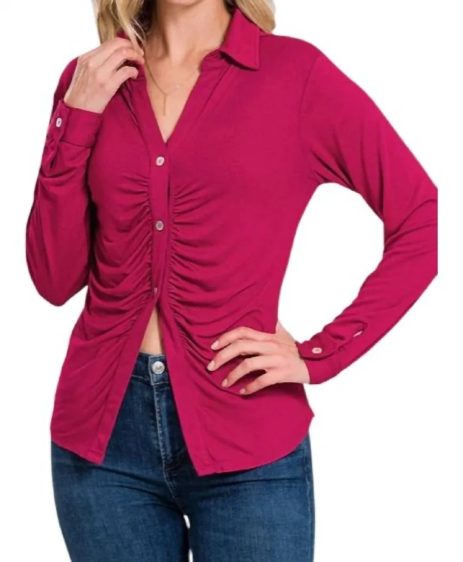 Shelly Button Down Ruched Top In Wine Style Beyond Borders