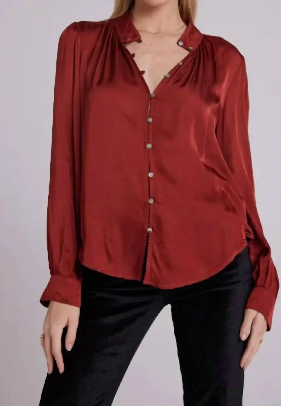 Shirred Button Up Blouse In Warm Brandy Save Big