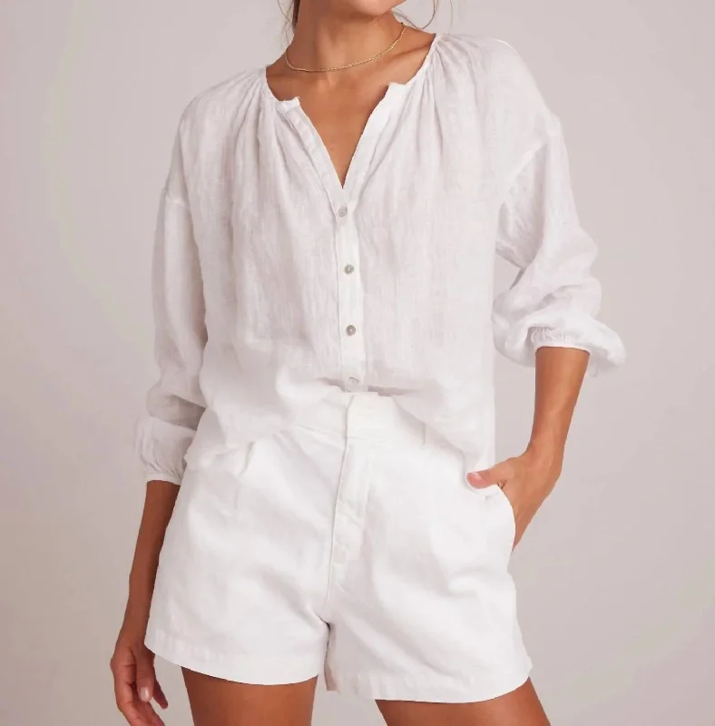 Shirred Neck Blouse In White Popular Collection