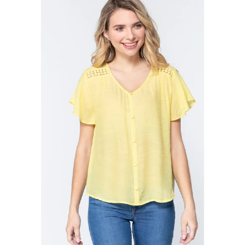 Short Ruffle Slv V-neck Woven Top Chic Styles