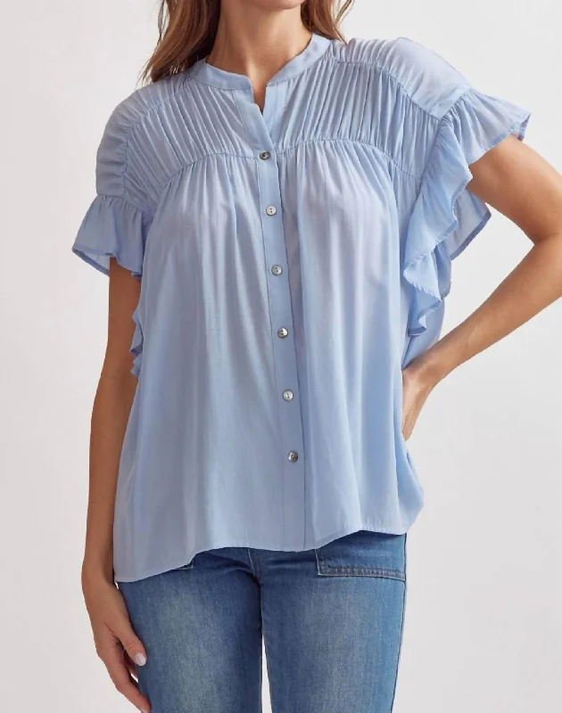 Short Sleeve Button Up Top In Chambray Evening Elegance