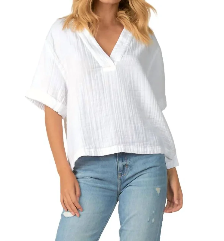 Short Sleeve Cotton Gauze V-Neck Top In White Fashion Sale