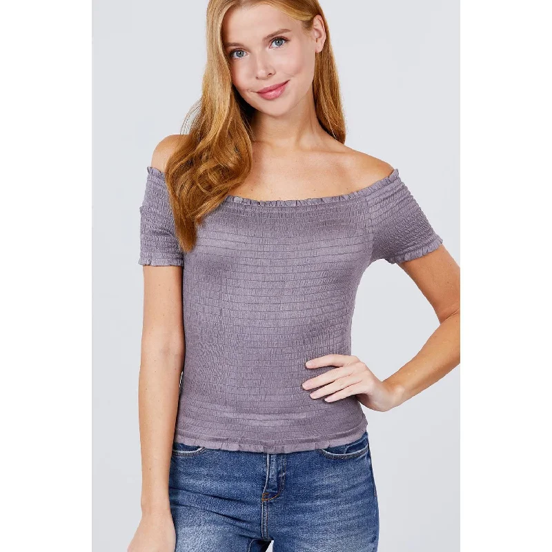 Short Sleeve Off The Shoulder Smocked Rayon Spandex Top First Order Discount