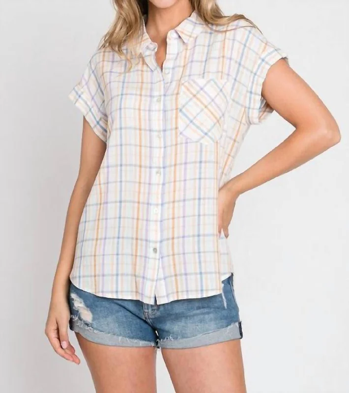 Short Sleeve Rayon Blend Button Down In Plaid White Modern Romance